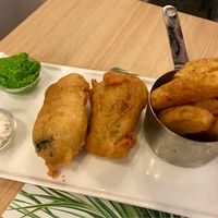 Tofufish .... not really healthy but good at Vegan Express in South West London