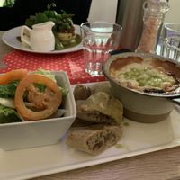 Lasagne and home made garlic bread at Vegan Express in South West London