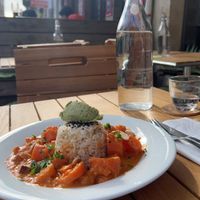 Entrée of the day - carrots, peanuts, and tofu with rice   at Café Vert in Lyon