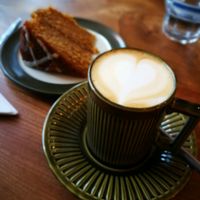 gorgeous vegan marmalade cake and oat milk flat white at The Moon and Sixpence in Cockermouth