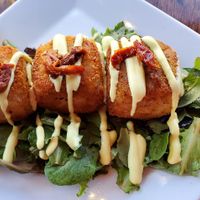 Potato & Artichoke Croquettes. Garlic Lemon Aioli was wonderful. at Plant Food Supper Club in Idyllwild