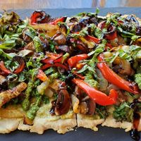 Roasted Veggie Flatbread. Generous portion, could share if we hadn't been on the trail all morning. at Plant Food Supper Club in Idyllwild