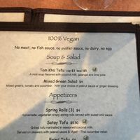 separate vegan menu at Tiny Thai Restaurant in Winooski