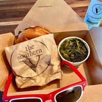 Rodeo Burger & turnip greens   at The Southern V in Nashville