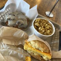 Breakfast biscuit, chicken gravy w Mac & cheese   at The Southern V in Nashville
