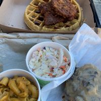 Chicken n waffles. Chicken with mushroom gravy with sides of coleslaw and Mac n cheese   at The Southern V in Nashville