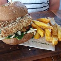 Herb and tempeh burger with chips - amazing at Punnet Eatery in Hamilton