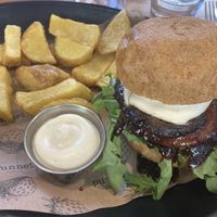 Portobello burger vegan (mediocre bun)  at Punnet Eatery in Hamilton