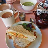 Pea and mint soup and toastie and a vegan cheese toastie at Nibble Cafe in Manchester