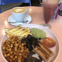 Vegan breakfast, oat latte and beet & ginger juice   at Nibble Cafe in Manchester