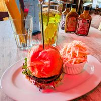 Burger and coleslaw and Ginger Tea at Lia's Kitchen at Lia's Kitchen in Berlin
