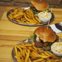 Seitan chicken cheeseburger meal at Lia's Kitchen in Berlin
