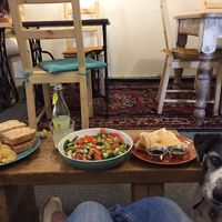 relaxing with our munch! at Samovar Tea House in Ely