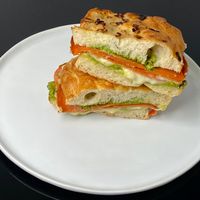 ham + Swiss panini (cut in half + plated at home) at Razzi's Pizzeria - Howell St in Seattle