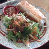 Grindz Cafe, tofu & mushroom filo pastry with a salad and some chutney at Grindz Cafe in Tauranga