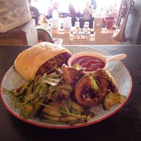 vegan "meat" roll and marinated mushroom salad at Grindz Cafe in Tauranga