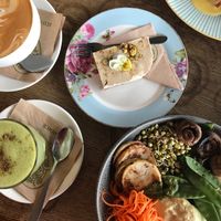 Vegan raw slice, Buddha bowl and matcha coconut milk latte at Grindz Cafe in Tauranga