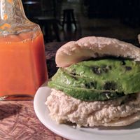 Arepa with avocados and chocho hummus at La Oficina in Quito