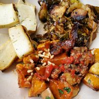 Tofu with 2 sides (Brussel sprouts and sweet potatoes) at Flower Child - The Domain in Austin
