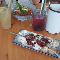 Vegan poffertjes with plum sauce & poppy seed alsan butter at Poffers Cafe in Stuttgart