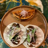The eggplant (top), mixed mushroom (bottom left), and garbanzo/potato tacos! at La Flaca - Americana in Guadalajara