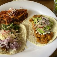 Excellent tacos de barbacoa de berenjena, alambre and papas con chorizo de soya.  at La Flaca - Americana in Guadalajara