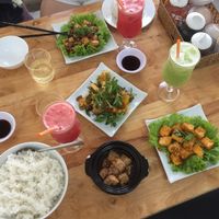 Big portion of rice and small dishes, watermelon fresh (we asked without sugar) at Sala in Phan Rang