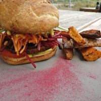 black bean burger with avo,  salad and an amazing cashew hollandaise  at Onda Food House in Aireys Inlet