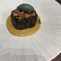 Small plate aubergine with candied nuts, pistachio cream and yellow curry sauce - so flavourful!  #Veganuary at Plants by Deliciously Ella in London