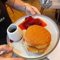 Vanilla Pancakes, roasted strawberries, and maple syrup ~ Devine!  at Plants by Deliciously Ella in London