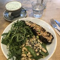 Salad with extra aubergine and chai latte at Plants by Deliciously Ella in London