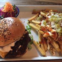Burger menu with shiitake burger, asian salad and the special fries (don't remember the Name) at Grilly Idol in Hamburg