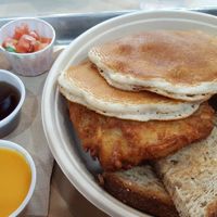 Wilson 2x4 Breakfast w/2 pancakes, bacon, Just egg, hash cake, pick & cheese sauce at Kal'ish in Chicago