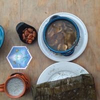 Sopa de hongos, tamal, atole negro. at Paraíso Vegano in Mexico City