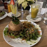 Portobello Burger, golden milk   at Paraíso Vegano in Mexico City