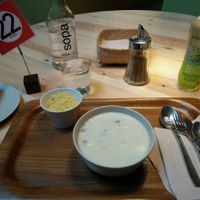 coconut soup with couscous and vegan carrot cake at Sopa - Provenca in Barcelona