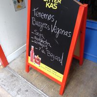 Outside sign: vegan burgers galore! at Kuky's Place in Zaragoza