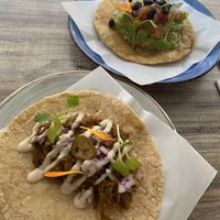 Tacos con carne and tostada   at Mestizo Vegano in Bogota