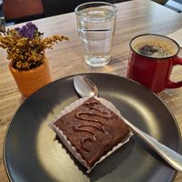 Brownie and tinto at Mestizo Vegano in Bogota
