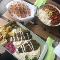 Baked Eggplant layed on a hummus bed, chili sin carne and i assume Home made bread cause it tasted so fresh !   at Chakula in Landshut