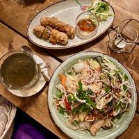 chickn/seitan noodles, spring rolls, jasmine tea  at QB Vegan in Berlin