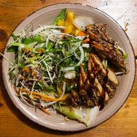 Glass noodles with crispy 'duck'. at QB Vegan in Berlin