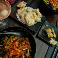 Vegetable chilli noodles, inari, vegetable tempura at Nippon Kitchen in Glasgow