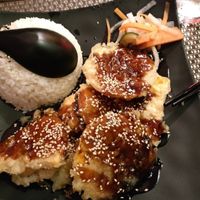 Veg tempura in teriyaki sauce, rice and sweet pickle; greasy but tasty :-) at Nippon Kitchen in Glasgow