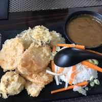 Vegetable tempura with rice and katsu curry sauce  at Nippon Kitchen in Glasgow