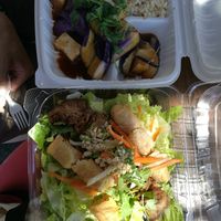 Eggplant and salad with chicken at Emmy's Vege House in Bainbridge Island