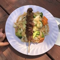 Curry noodles with vegan kabob   at Emmy's Vege House in Bainbridge Island