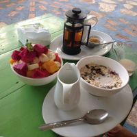 Chai Masala with Cashew milk // fruit salad // crunchy muesli with cashew milk at Peace Food Cafe in Sihanoukville
