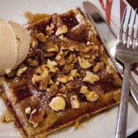 Vegan waffle with speculoos gelato, maple syrup, walnuts. All vegan and delicious! at Affogato  in Edinburgh