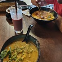 Laksa (in front) and I-forgot-what-it-was in the rear. Together with a Berry smoothie. at Pinxin Vegan Cuisine - 品馨蔬食 in Penang